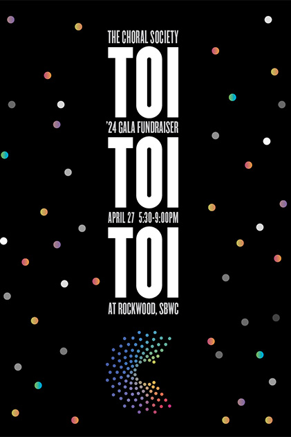 Toi Toi Toi gala invitation  all back background with multi colored dots and TOI TOI TOI in white, all caps, bolded text