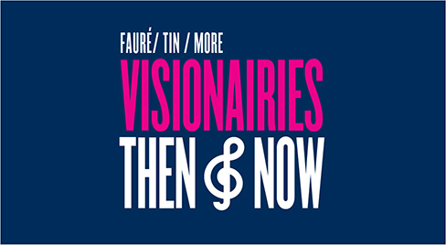 Visionaries then and now in all caps against a dark blue background